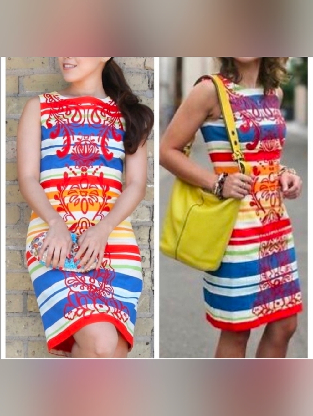 Tabitha Bright Striped Floral Stitch Print Dress - Multicolor Fitted Dopamine